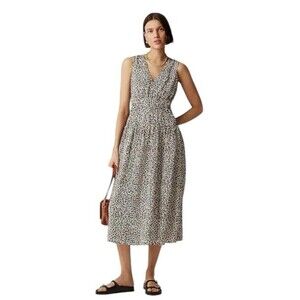 J CREW Hyacinth Leopard Midi Dress Crepe de Chine Large Petite Smocked V-Neck